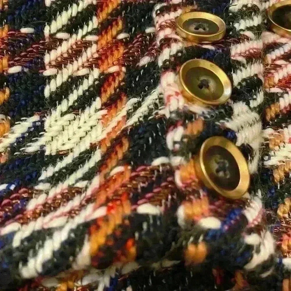 Cabi Regency oversized coat rust navy plaid fringe trim brass look buttons - Picture 5 of 9